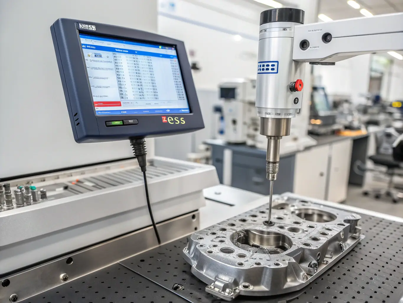 An image showing a ZEISS coordinate measuring machine (CMM) inspecting a complex automotive part, highlighting the precision and technology used in 3D and 2D measurement services.