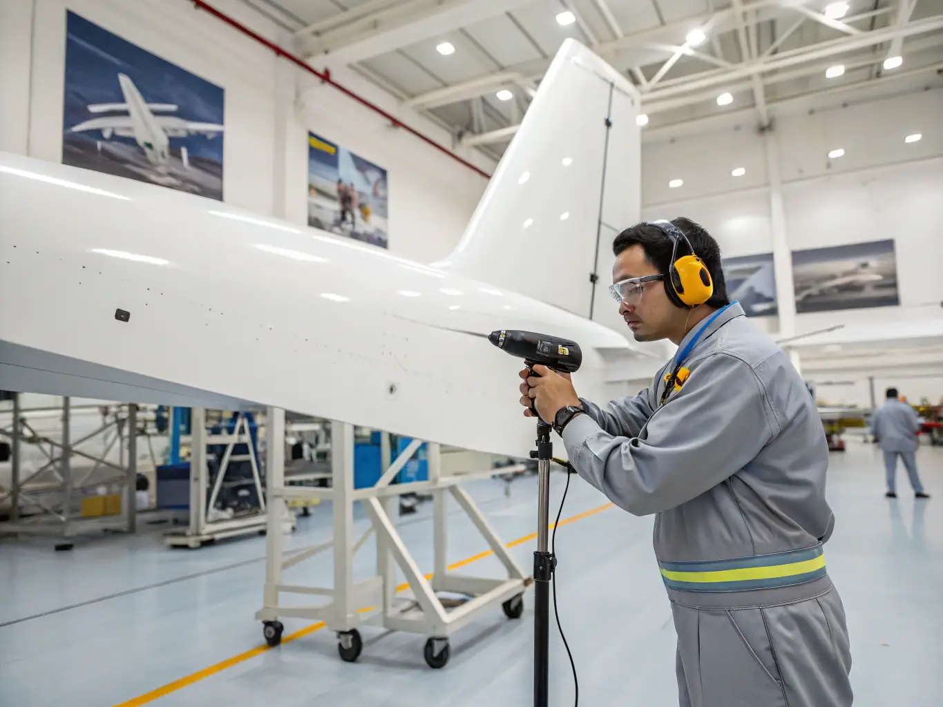 An image of a technician using a laser tracker to measure the dimensions of an aircraft wing in an aerospace manufacturing facility.