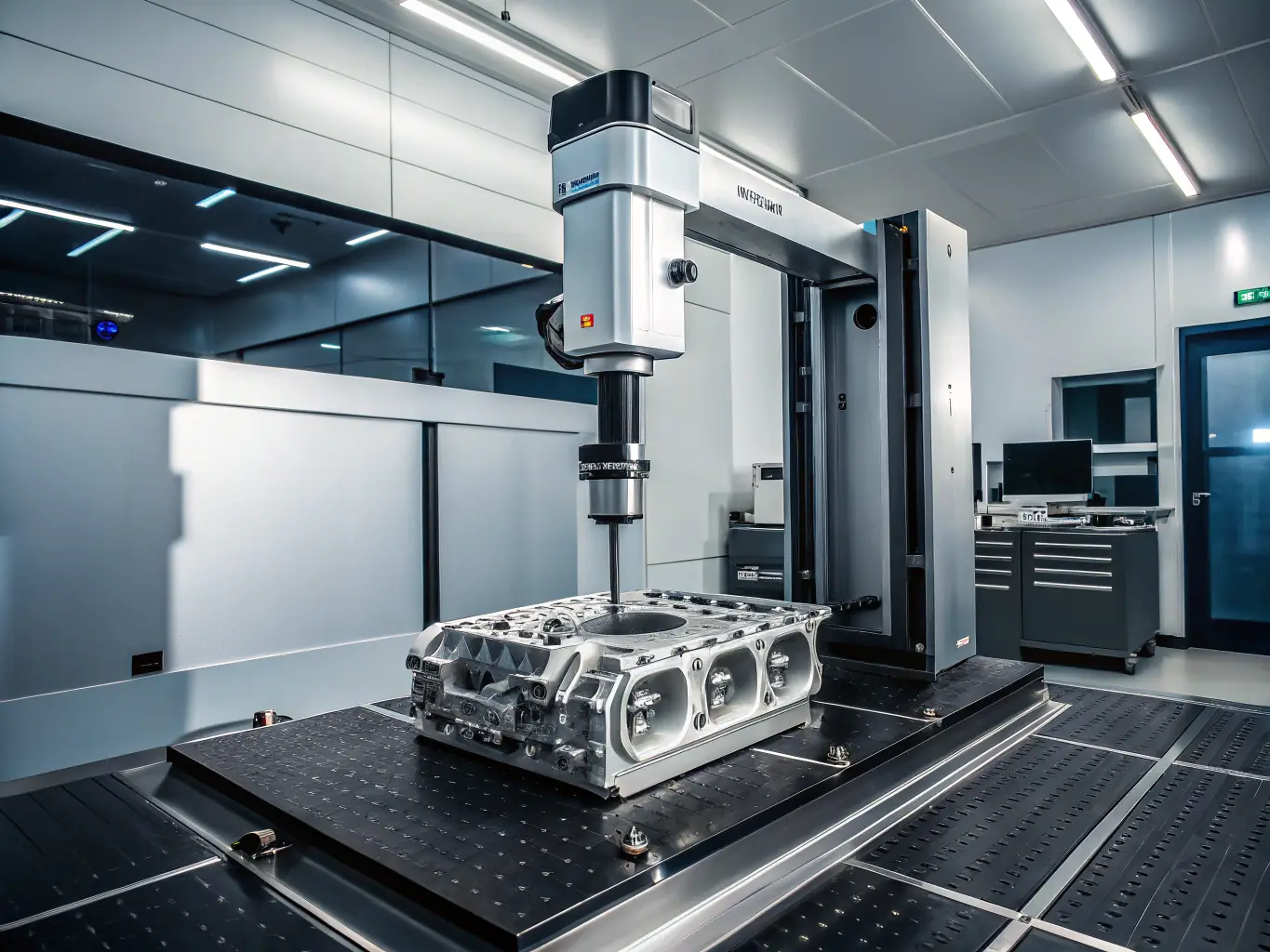 A ZEISS coordinate measuring machine (CMM) in a quality control lab, inspecting a complex automotive component with high precision.