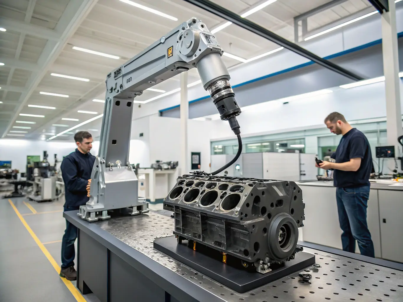 A high-precision coordinate measuring machine (CMM) inspecting a car engine block in an automotive factory setting.