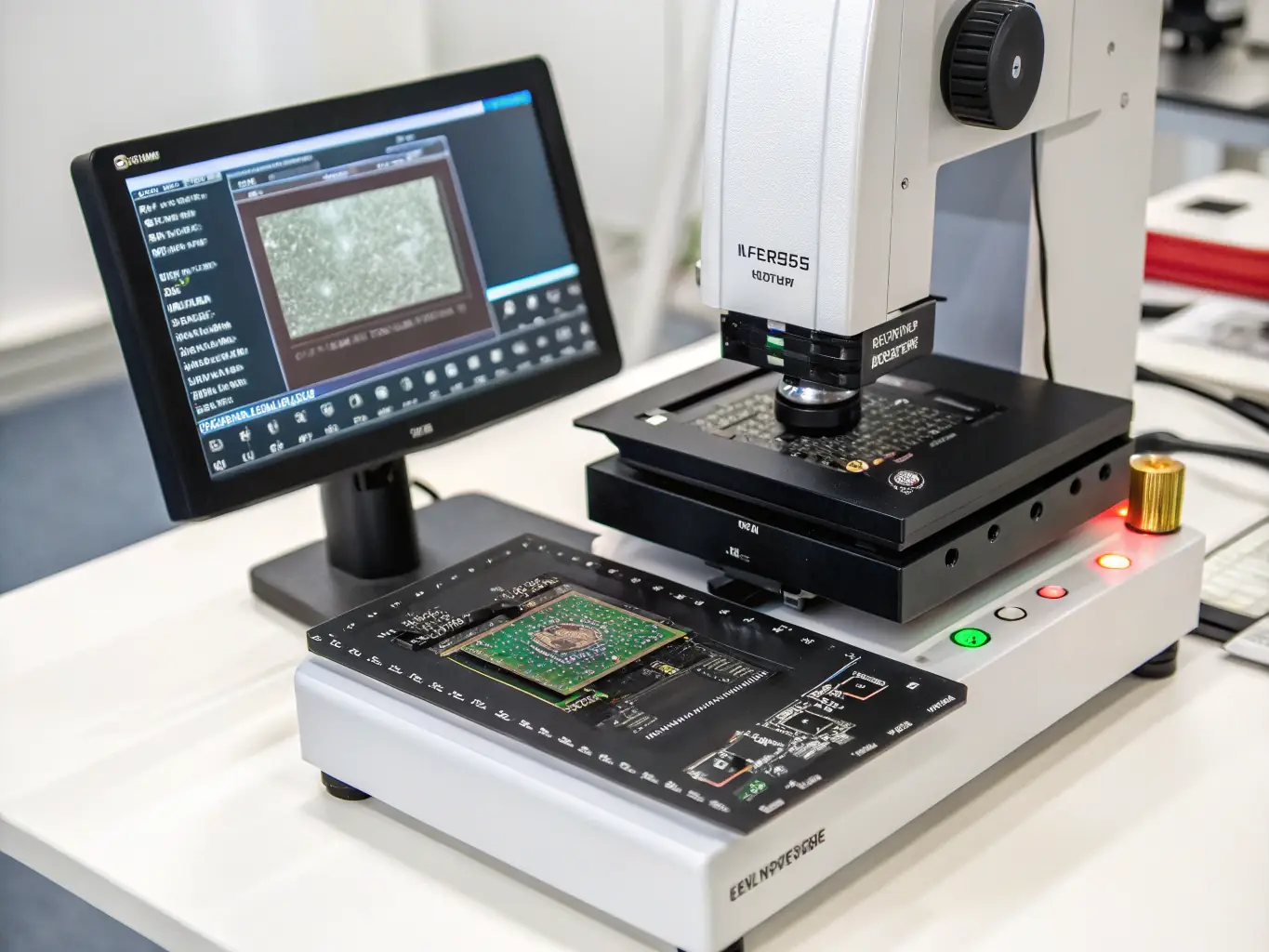 A Keyence optical measurement system inspecting a small electronic component, with a high-resolution image displayed on the screen.