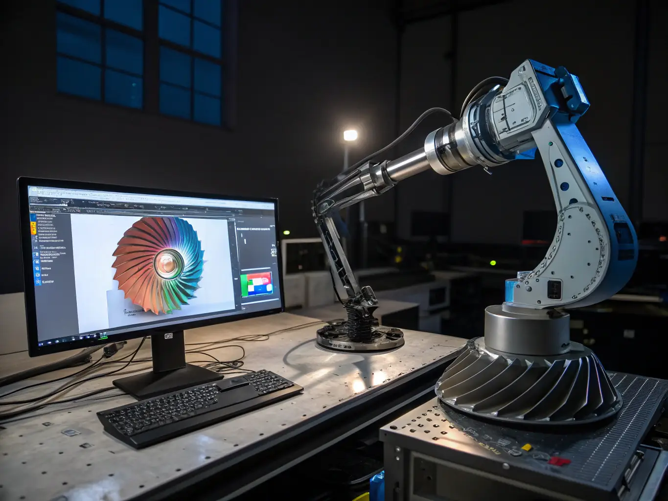 A GOM 3D scanner capturing the surface of a turbine blade, with GOM Inspect software displaying the scan data.