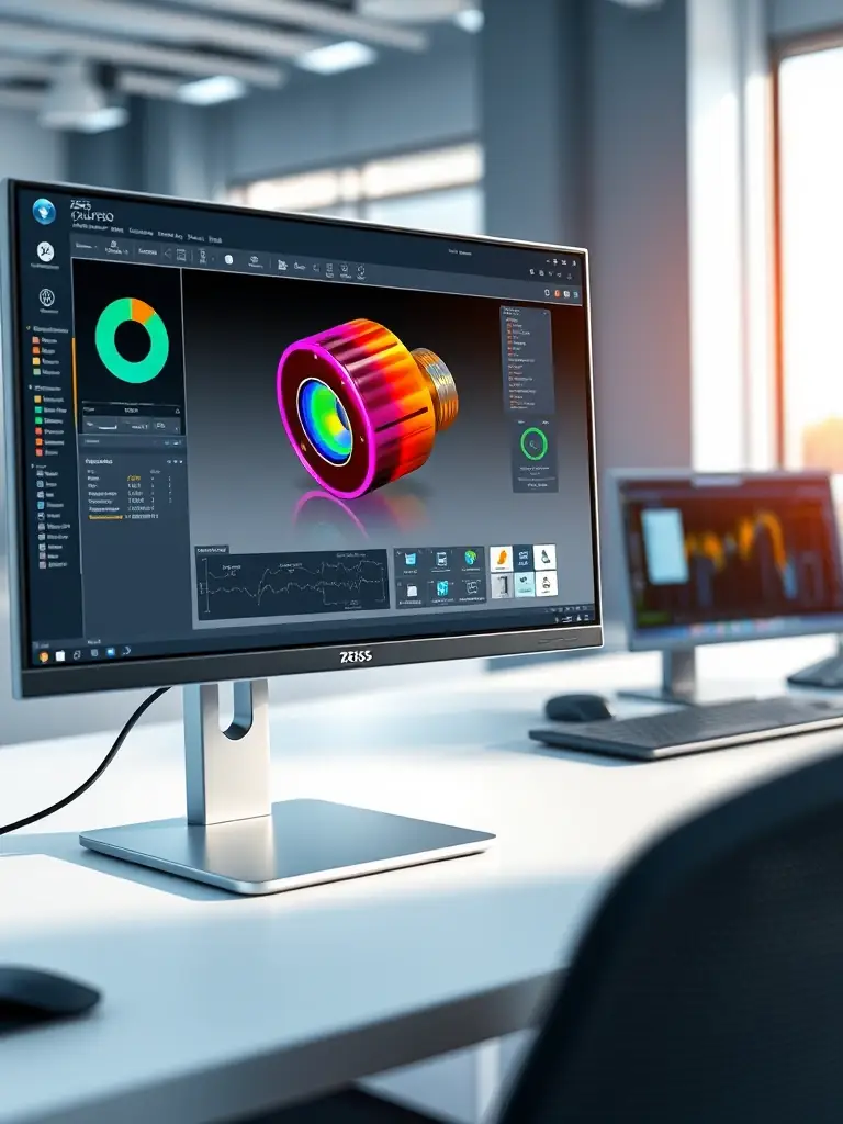 A screenshot of ZEISS Calypso software interface displaying a 3D model with measurement data overlaid. The software should be shown with various analysis tools and reports visible.