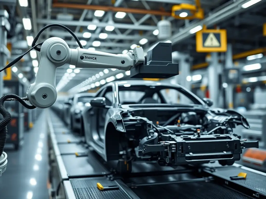 A robotic arm measuring a car chassis, highlighting the automation and precision required in automotive manufacturing.