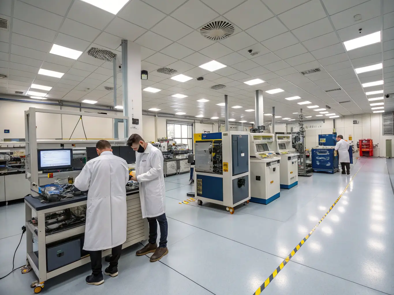 A calibration technician adjusting a coordinate measuring machine with calibration certificates visible, emphasizing the importance of accurate calibration.