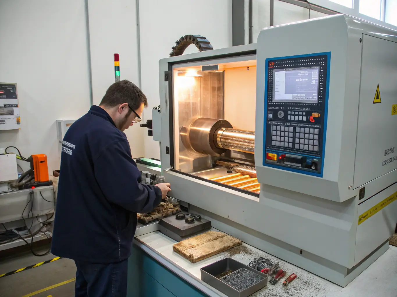 A CNC machine producing a complex mechanical part, with a technician using a handheld measurement tool to verify dimensions.