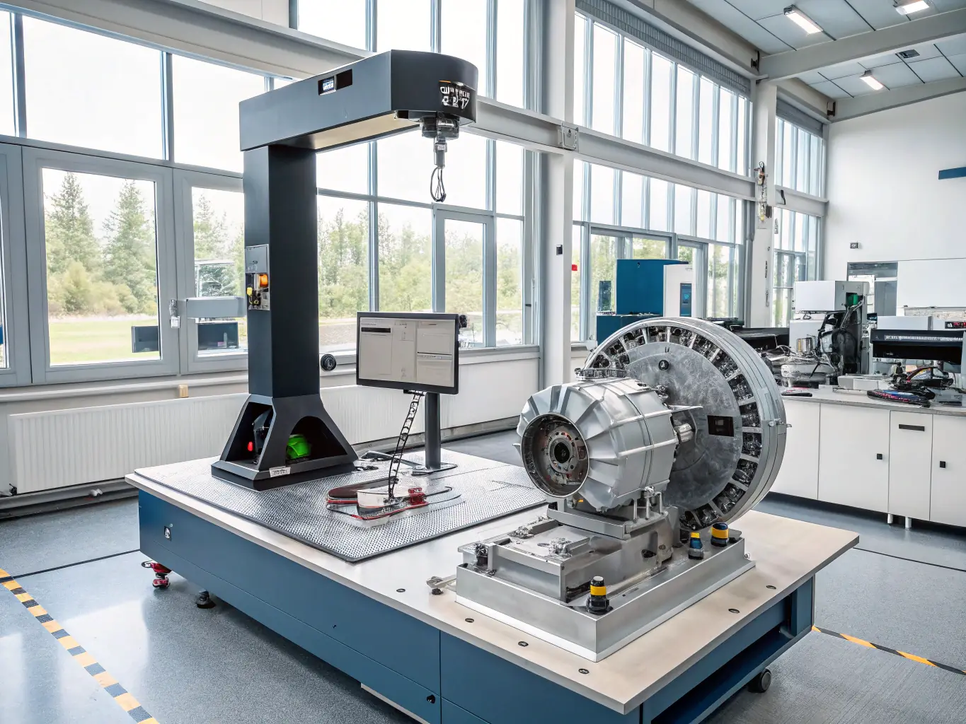 A close-up of a complex industrial part being measured with a coordinate measuring machine (CMM), emphasizing the precision required in manufacturing.