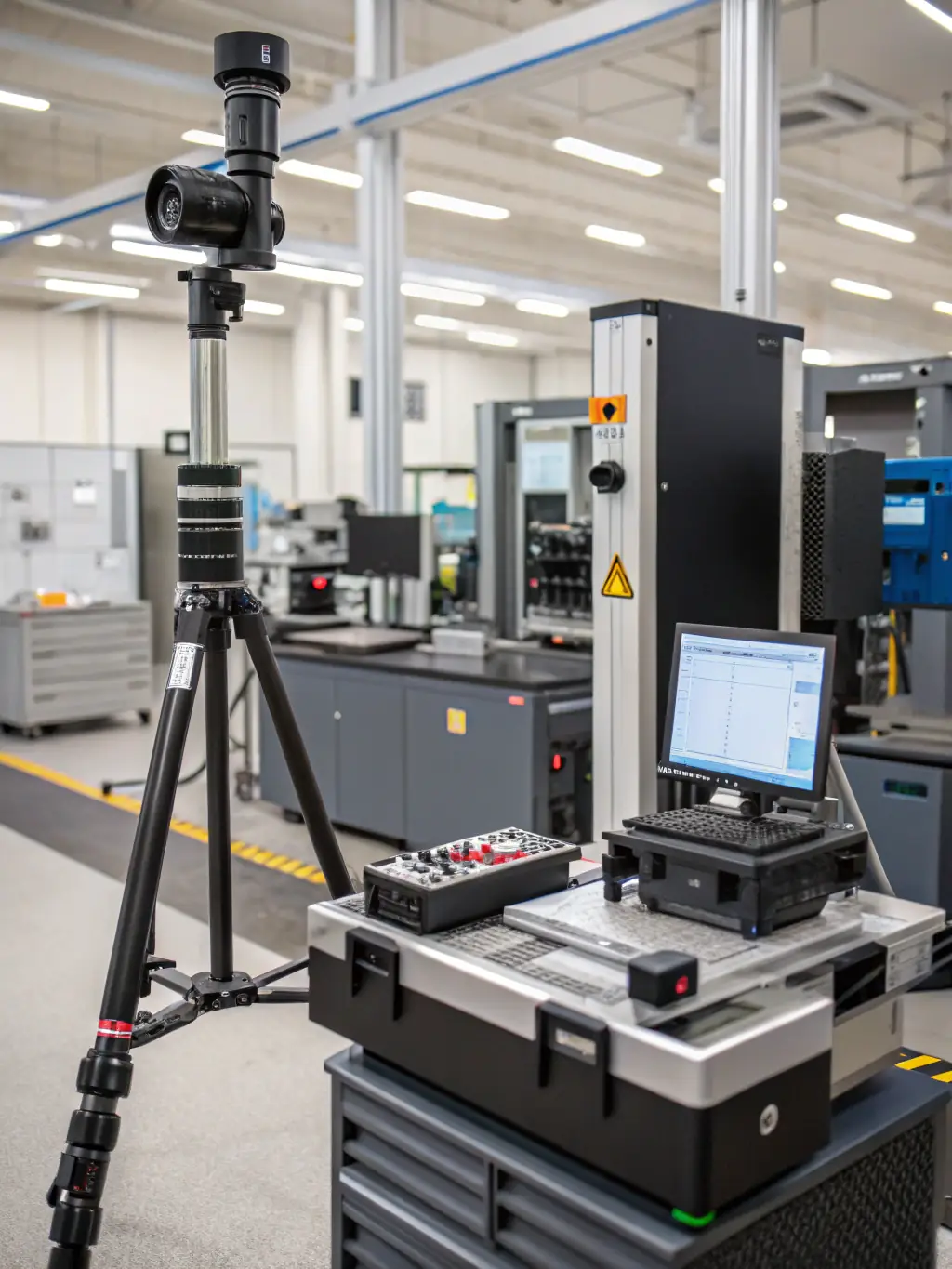 A high-resolution image of a tactile 3D coordinate measuring machine (CMM) in operation, measuring a complex automotive component. The CMM should be in a clean, well-lit metrology lab environment.