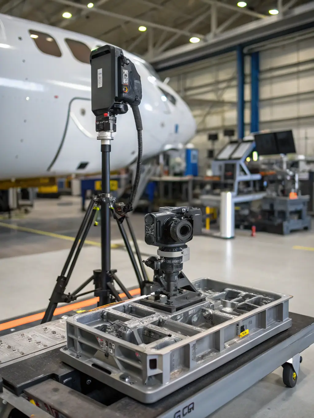 A detailed image of an optical 3D scanner capturing the surface of an aerospace component. The scanner should be shown with its laser or structured light projection visible.